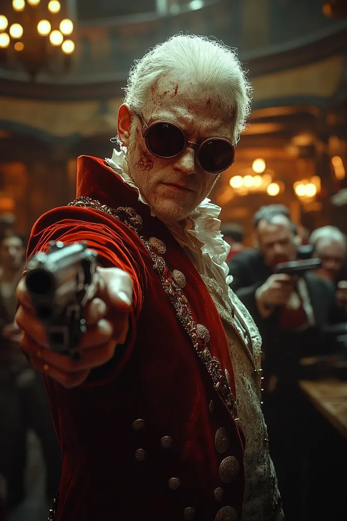 A man with white hair and a stern expression wears a red jacket and a white ruffled shirt. He has a gun pointed at the viewer and his eyes are hidden behind dark goggles. A blurry background suggests he is in a dimly lit interior with other people present. His face is streaked with blood. The scene is one of tension and threat.