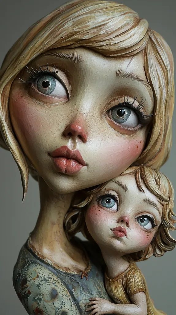 The image depicts a close-up of two intricately crafted dolls. The larger doll, a woman with blonde hair, is holding a smaller doll, a girl with the same blonde hair. Both dolls have large, expressive eyes, delicate features, and intricate details. The woman doll has a soft, wistful expression, while the girl doll looks up with a hint of curiosity.  The dolls are dressed in simple, rustic clothing. The overall effect is one of tender love and innocent beauty.