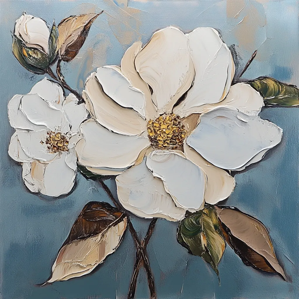 The painting depicts three white flowers with yellow centers, possibly magnolia blossoms. They are arranged in a cluster with their petals overlapping. The background is a muted blue-gray with hints of brown and cream. The flowers have a textured appearance, which suggests that they were painted using impasto techniques. The overall effect is one of delicate beauty and simplicity.