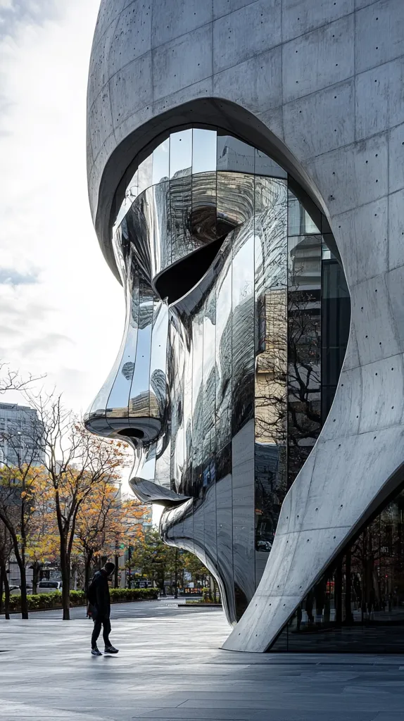 A person walks in front of a modern architectural structure that resembles a face. The building is made of concrete and glass, with the glass reflecting the surrounding cityscape. The face is distorted and abstract, creating a sense of intrigue and mystery. The juxtaposition of the human figure and the imposing architecture creates a striking visual contrast.