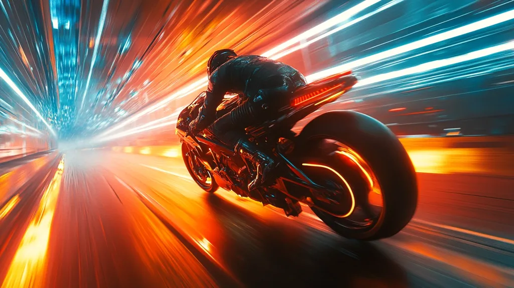 A lone motorcycle rider speeds through a tunnel, leaving streaks of light in their wake. The rider is blurred by the speed, only their helmet and silhouette are visible. The bright orange and blue streaks of light create a sense of motion and energy, blurring the background into a haze of color. The image evokes a feeling of freedom and adrenaline.
