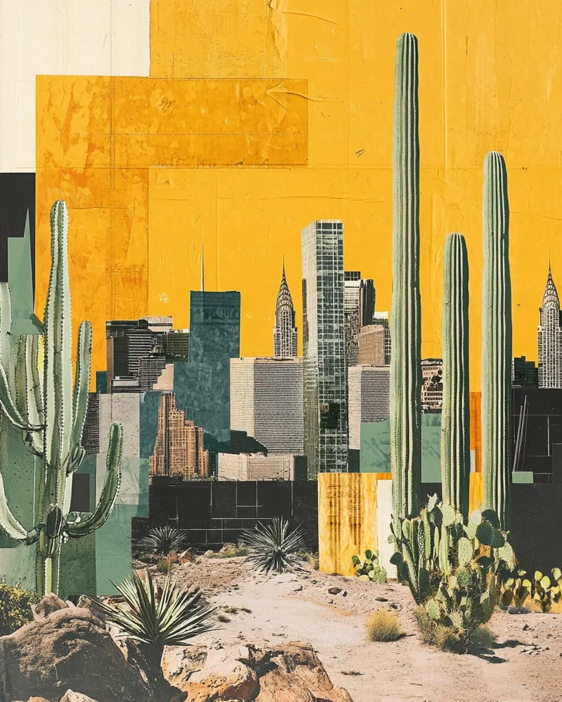 The image is a collage with a desert landscape in the foreground and a cityscape in the background. The foreground is dominated by tall cacti and other desert plants, with a path leading towards the cityscape. The background is a yellowed city skyline with tall skyscrapers. The image is a mix of textures, with the desert elements appearing rough and the city appearing smooth. The colors are muted, creating a sense of isolation and distance.
