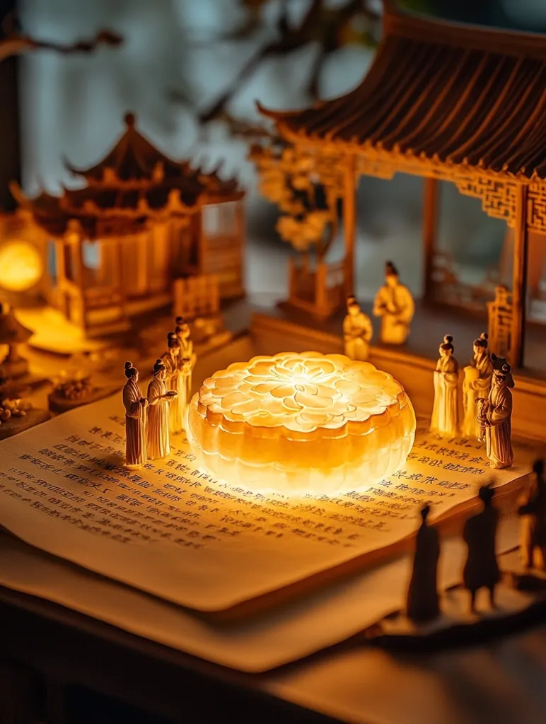 A miniature Chinese village scene is set on a book with a glowing mooncake in the center. The scene is lit by a warm, golden light, highlighting the intricate details of the miniature buildings, figures, and the mooncake's delicate design. The scene creates a sense of tranquility and warmth.  The Chinese characters on the book contribute to the authentic and cultural feel of the image.