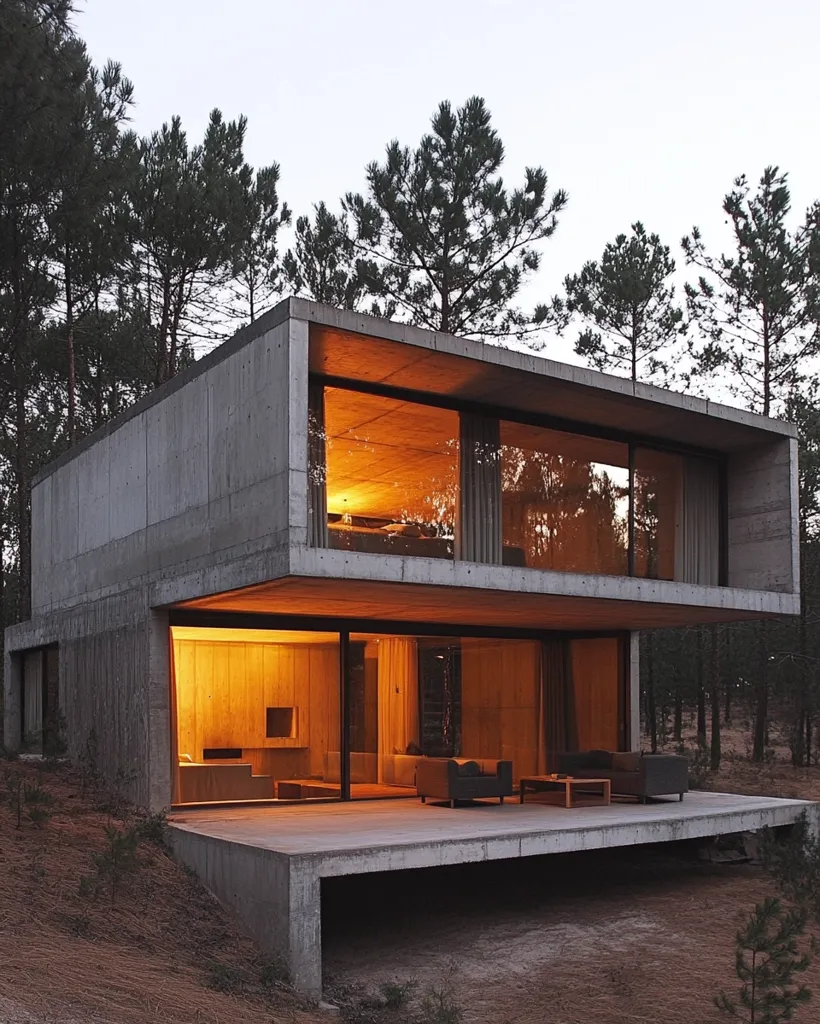 A modern, concrete house sits nestled amongst a grove of tall pine trees.  The house is illuminated from within, casting a warm glow against the cool concrete walls. Large windows offer views of the surrounding forest, while a spacious patio extends out from the front of the house, inviting relaxation amidst nature.