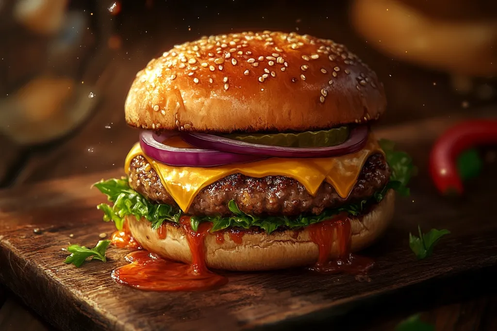 A juicy cheeseburger sits on a wooden cutting board, its sesame seed bun glistening with a drizzle of ketchup. Layers of melted cheese, a beef patty, lettuce, pickles, and red onion peek out from beneath the bun. The burger is surrounded by a scattering of herbs and a red pepper, hinting at the fresh ingredients that went into its creation.  The image captures the mouthwatering appeal of this classic American comfort food.