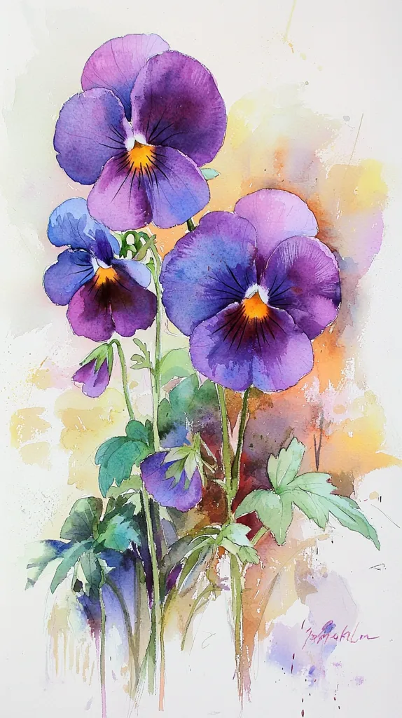 The watercolor painting depicts a cluster of purple pansies with yellow centers, set against a soft, blurred background of yellow and orange hues. The pansies have delicate, ruffled petals and are arranged in a natural, graceful way. The painting captures the beauty and fragility of these delicate flowers. The artist's signature is visible in the bottom right corner.  The overall impression is one of gentle beauty and serenity.
