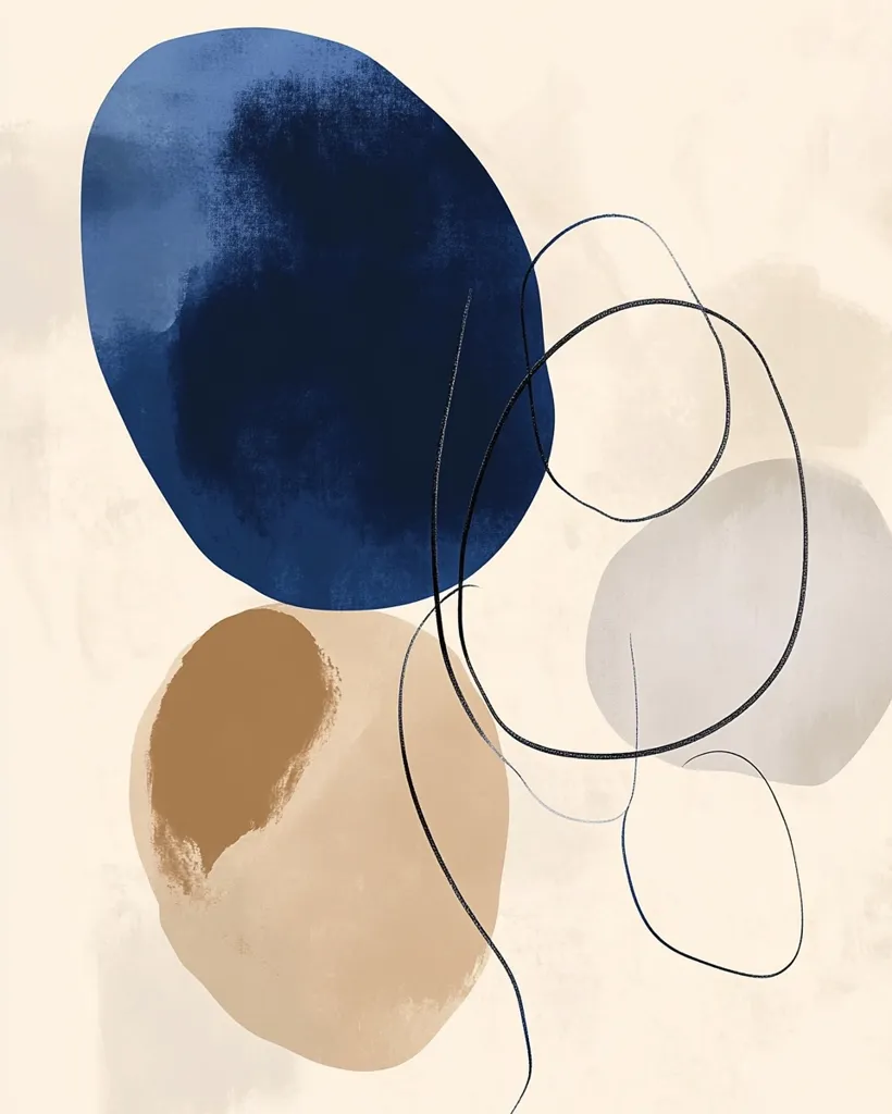 The abstract artwork features three large, irregular shapes in shades of blue, brown, and gray, with a thin black line drawing a continuous line across the canvas. The shapes appear to float on a soft beige background, creating a sense of weightlessness and tranquility.  The interplay of organic shapes and minimal line work evokes a sense of modern and understated elegance.