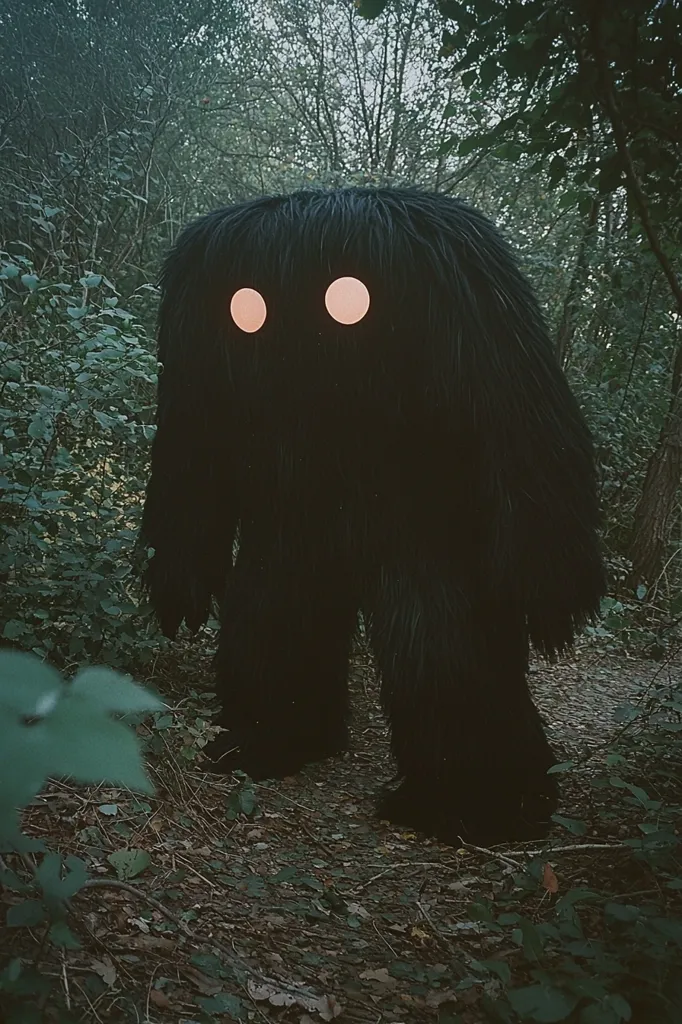 A dark, furry creature with glowing eyes stands in a shadowy forest. Its form is shrouded in darkness, its presence barely discernible except for its luminous orbs. The creature's features are obscured by the thick foliage and the dim light, making it appear both mysterious and menacing. The atmosphere is one of suspense and intrigue, as if the creature is lurking in the shadows, waiting to reveal itself.