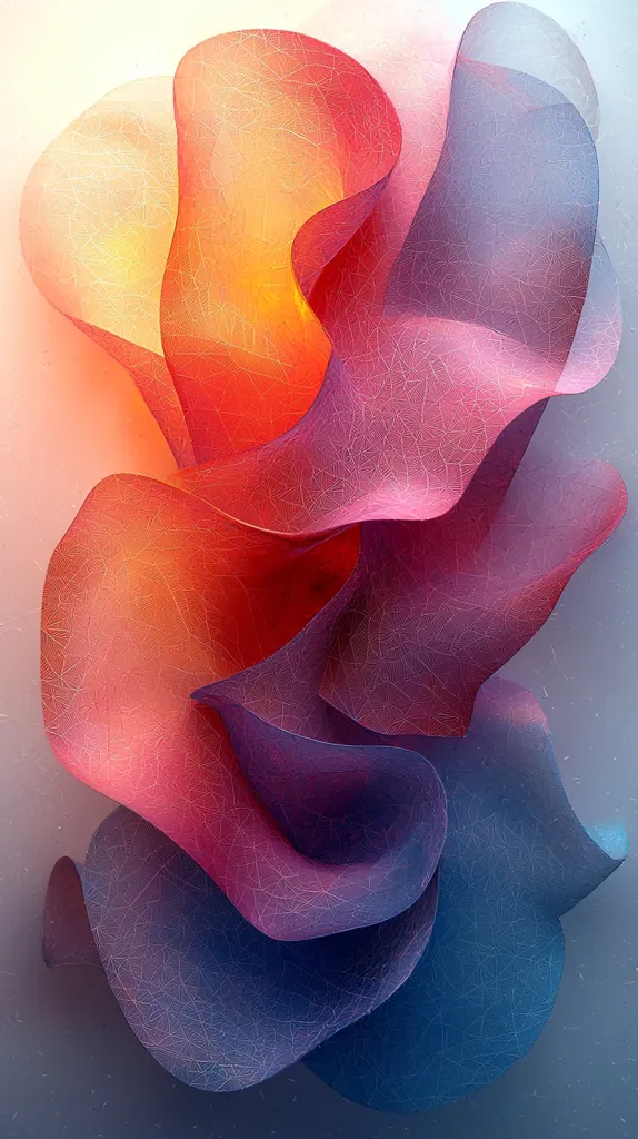 The image depicts a swirling abstract shape made of overlapping layers of semi-transparent fabric.  The fabric is in shades of blue, pink, red, and orange, creating a vibrant and colorful composition. The fabric appears to be a delicate material, with visible veins and a subtle texture. The light shines through the layers, giving them a glowing effect. The overall impression is one of fluidity and movement, as if the fabric is caught in a gentle breeze.