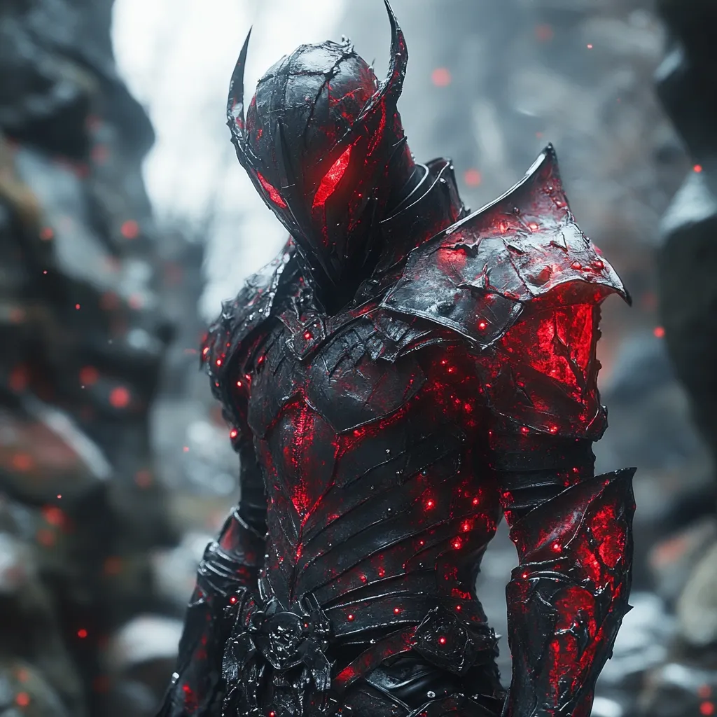 A menacing figure clad in black armor, the knight's helmet obscures his face except for two glowing red eyes. The armor is intricately detailed and accented with glowing red energy, which suggests powerful magic or a connection to fire. The background is blurry and indistinct, focusing attention on the knight's imposing presence.  The image evokes a sense of danger and mystery.