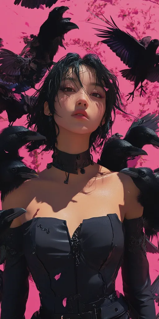 A young woman with dark, shoulder-length hair and dark makeup stares intensely at the camera. She is wearing a black, fitted top with a plunging neckline and a black choker. She is surrounded by a swarm of crows, their dark feathers contrasting sharply with the bright pink background. The image has a gothic and dramatic feel.
