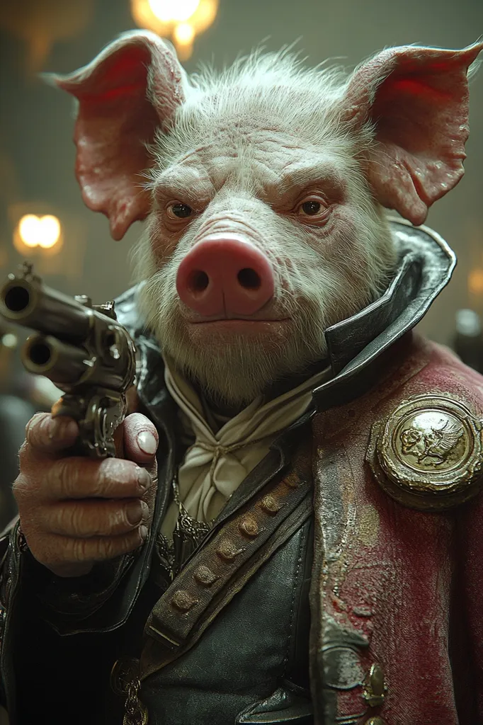 A pig, dressed in a black leather jacket and red coat, holds a silver revolver in his right hand. He is looking directly at the viewer, with an intense expression on his face.  His ears are large and floppy, and his snout is long and pink. The pig is wearing a white cravat and a silver chain around his neck. A round, silver insignia with a design is visible on the coat. The background is out of focus.
