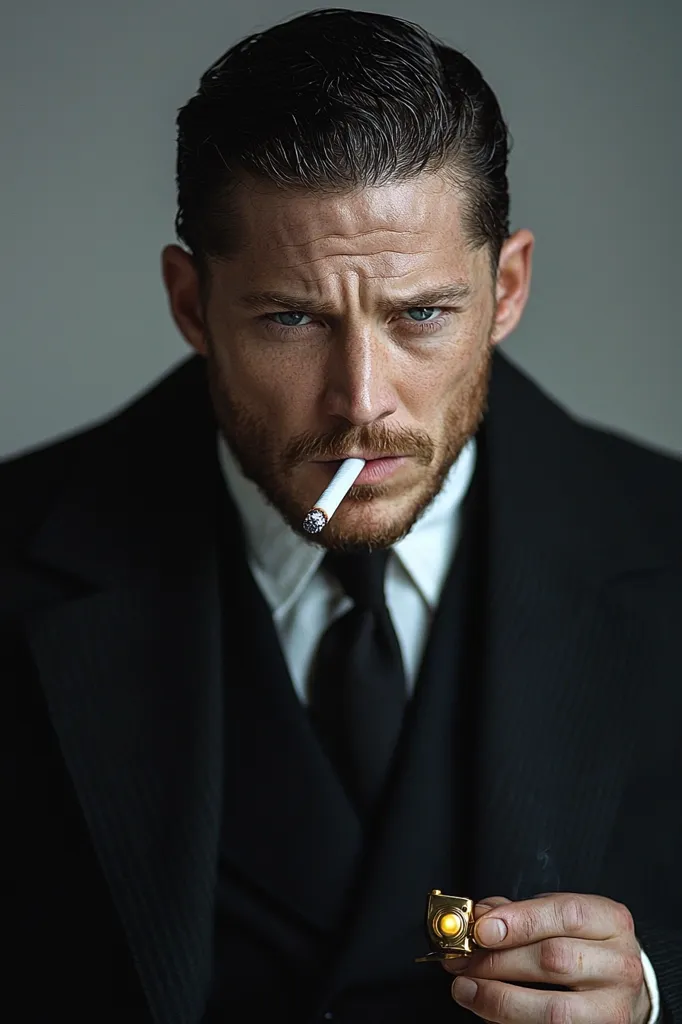 A man in a black suit and white shirt with a black tie is holding a gold lighter in his right hand. He is smoking a cigarette and looking directly at the viewer.  He has a serious expression on his face. The background is a plain grey.  The image has a classic, stylish feel.