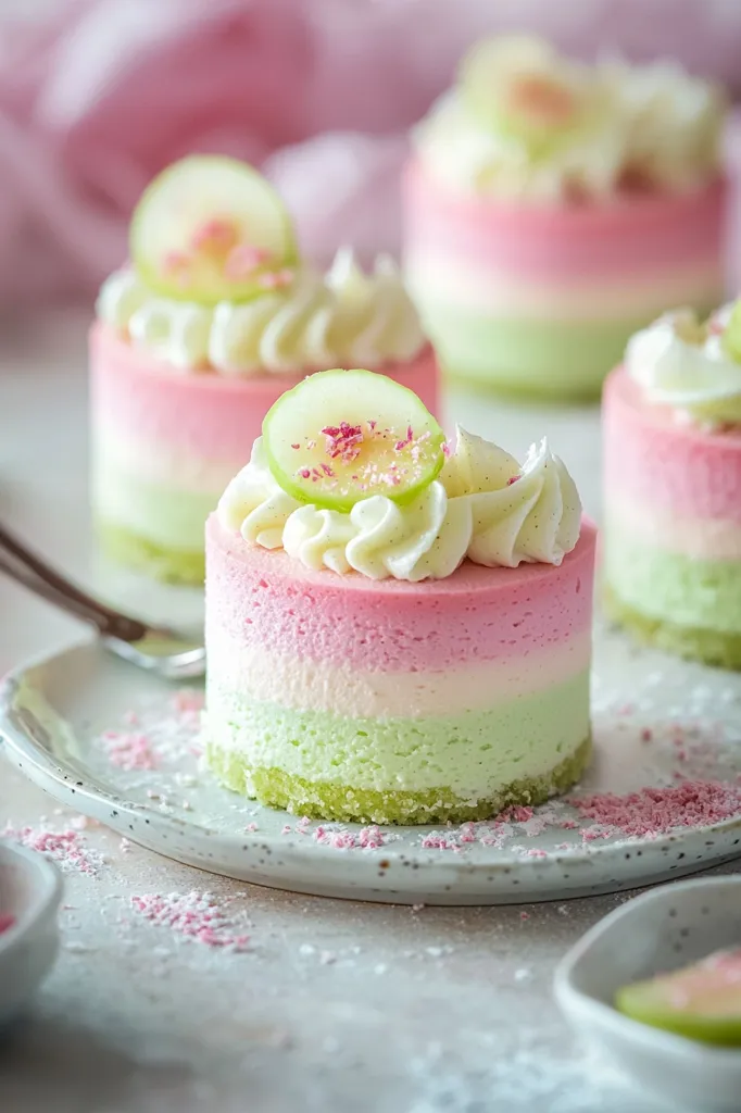A close-up shot of a layered mousse dessert. The dessert is a pastel pink, white, and light green, topped with a slice of green fruit and a sprinkle of pink. The dessert is on a white plate with a white background. The plate is covered in pink sprinkles. The dessert is in focus, while the background is slightly blurred.