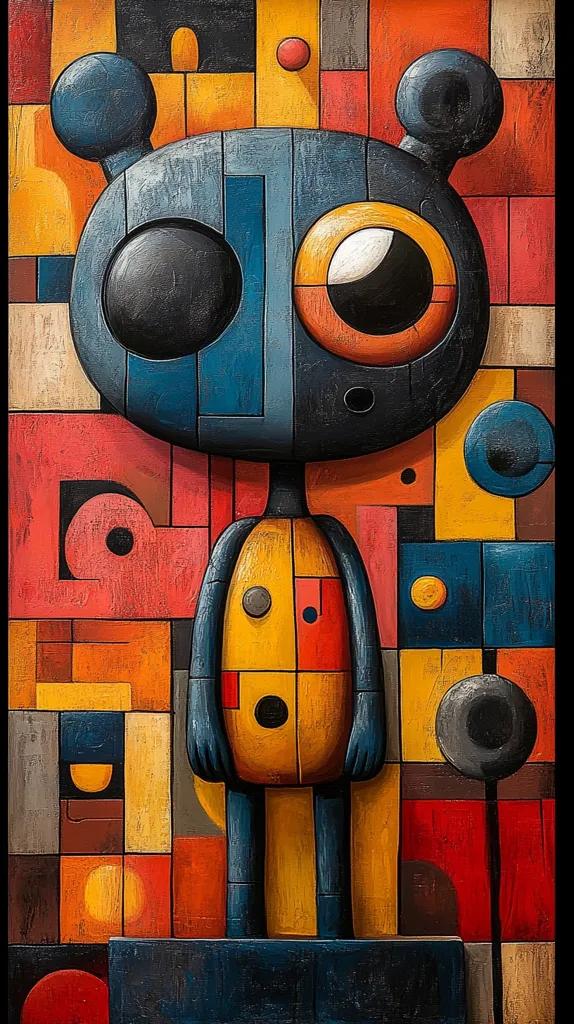 The image depicts a cartoon-like character with a large, round head and a blocky body, standing against a backdrop of colorful geometric shapes. The character's head is predominantly blue with a large black eye on the left and an orange eye on the right. The body is yellow and red, with black and red geometric details. The background features a variety of red, yellow, blue, and orange squares and rectangles. The image is a vibrant and playful mix of geometric shapes and colors.