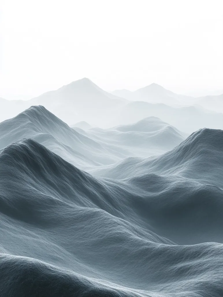 A serene landscape of rolling hills, bathed in a soft, ethereal light. The mountains recede into the distance, their peaks obscured by a thin veil of fog. The muted tones of the image evoke a sense of tranquility and peace.  The texture of the snow-covered hills adds a sense of depth and realism to the scene. The overall effect is one of serene beauty.