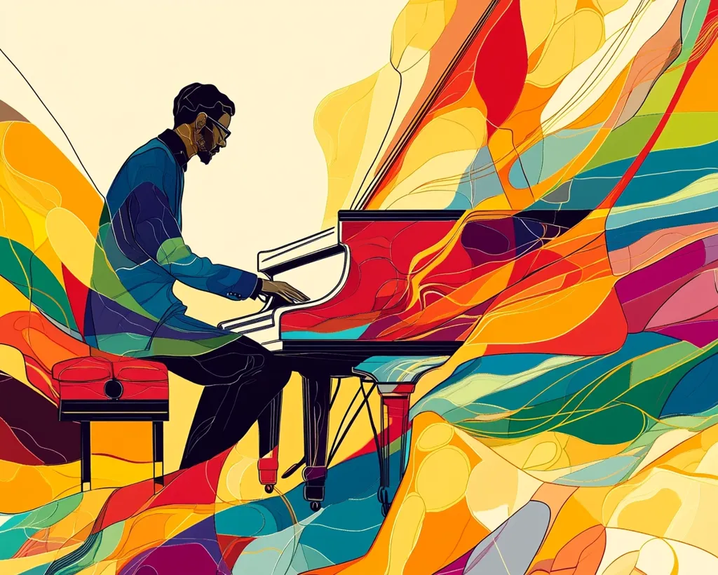 The image is a colorful abstract painting of a man playing a piano. The man is dressed in a blue jacket, and the piano is red with black keys. The background is a swirling mass of vibrant colors, with streaks of yellow, red, orange, green, and blue. The artist has used bold lines and shapes to create a dynamic and energetic composition. The image evokes a sense of movement and music, with the man's fingers dancing across the piano keys.
