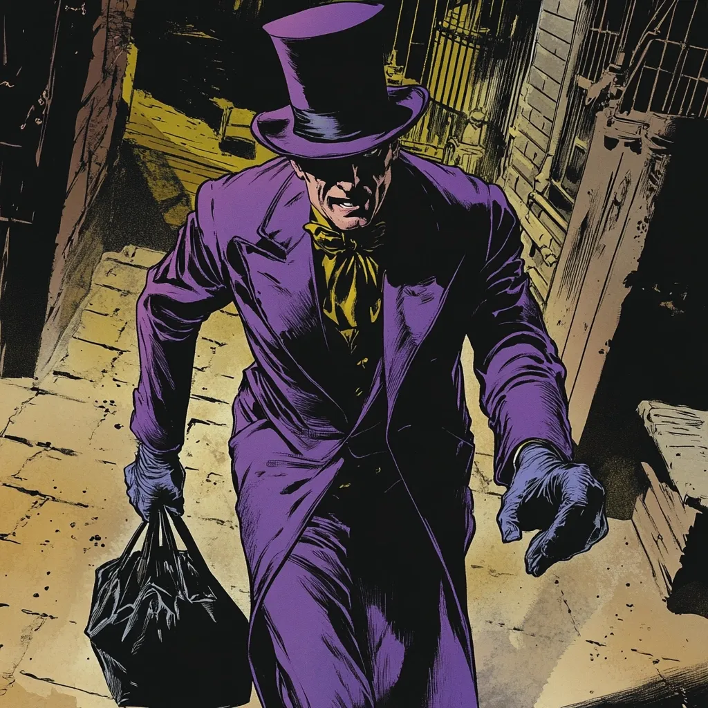 The image shows a man in a purple suit and a top hat. He has a serious expression on his face and is carrying a black plastic bag. The man is walking down a dark alleyway, and the image is drawn in a comic book style. The setting appears to be a city at night, with a hint of danger and mystery.