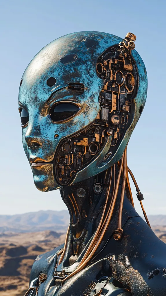 The image shows a close-up of an android's head, revealing its complex internal machinery. The android has a blue, metallic skin with hints of gold and a weathered, worn appearance. Its face is mostly covered by the metallic skin, with only the eyes and mouth visible. The android's head is set against a backdrop of a vast, barren desert landscape, suggesting a post-apocalyptic setting. The image evokes a sense of both futuristic technology and the passage of time, leaving viewers to wonder about the android's origins and purpose.