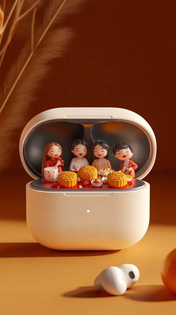 A white wireless charging case with a lid open revealing four miniature figures dressed in traditional Chinese clothing. They are enjoying a mooncake feast inside the case.  The figures are positioned next to mooncakes on a white tray. There is an orange on the bottom right of the image and a single earbud on the bottom left.  The background is a blurred orange color.
