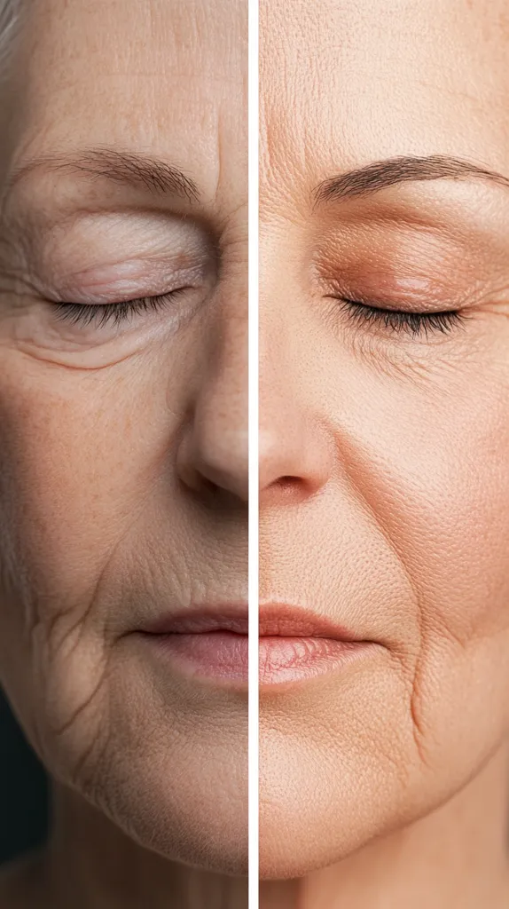 The image shows a split face of a woman. The left side shows wrinkles and lines around the eyes, forehead, and mouth. The right side shows smooth skin with no wrinkles or lines. This image likely illustrates the effects of anti-aging treatments or skincare products.