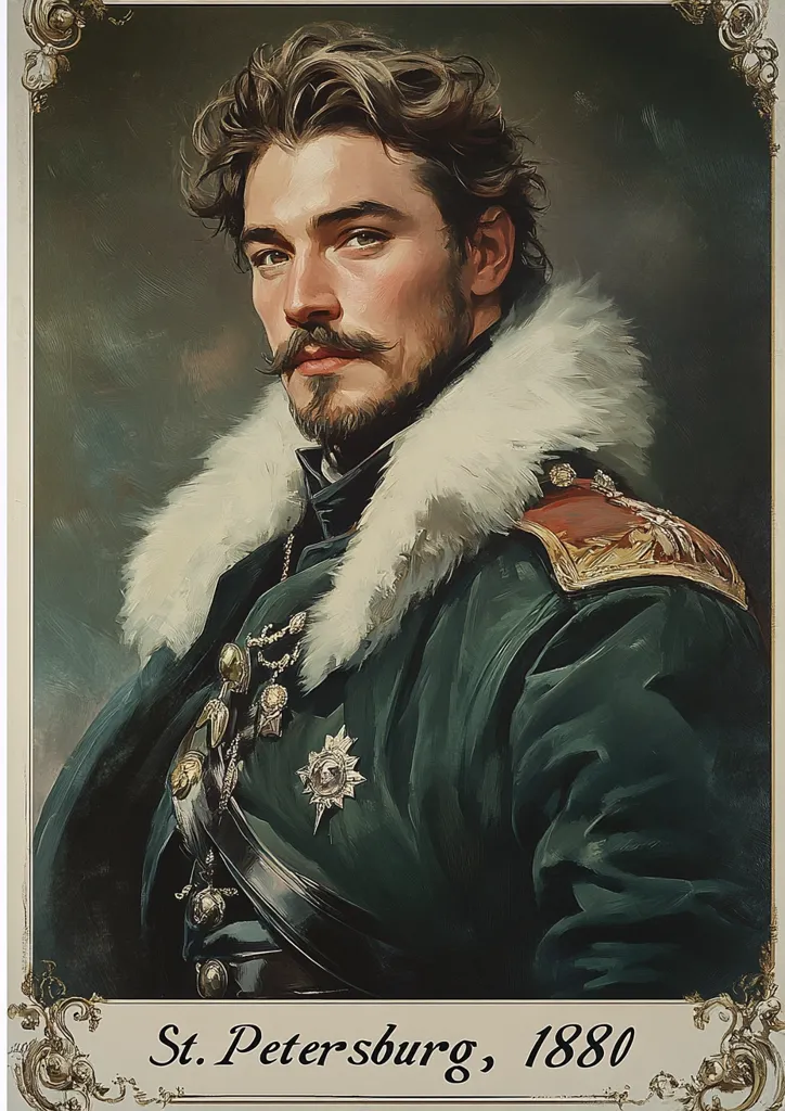 The painting depicts a man in a military uniform, possibly a high-ranking officer, with a stern expression. He wears a dark green coat with gold trim, a white fur collar, and a gold chain with a star-shaped badge. The painting is set in a simple frame, with the caption "St. Petersburg, 1880" at the bottom. The artwork suggests a portrait of a powerful figure from Imperial Russia.