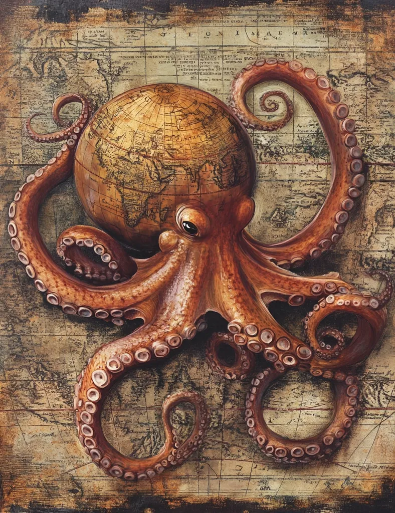 A large, detailed octopus with a textured, reddish-brown body is depicted against a background of an antique world map. The octopus is shown gripping a globe with one of its tentacles, while the rest of its tentacles are curled and spread out around it. The image has a vintage, almost surreal feel. The octopus's eye is large and prominent, suggesting that it is watching something in the distance.  The image captures a sense of wonder and mystery, as if the octopus is about to embark on a journey.