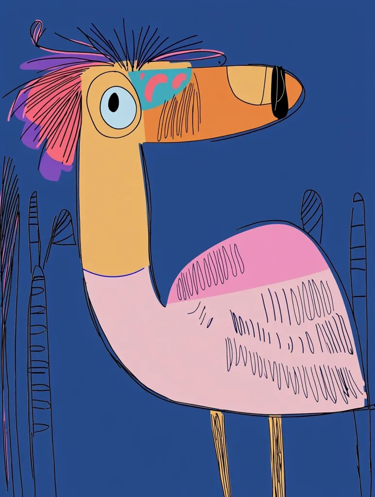 The image depicts a cartoon bird with a long, orange beak and a large, blue eye. It has a pink body and a yellow neck. The bird is standing on two legs and is set against a dark blue background. The bird has a colorful, feathered head and is drawn in a simple, cartoon style. It looks friendly and playful.  The bird's features are exaggerated for comedic effect.  The background is simple and provides a good contrast to the bird's vibrant colors.