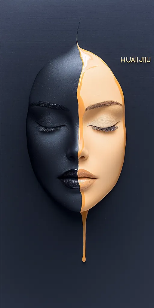 A black and gold face with eyes closed, divided down the middle with a gold line. The gold side drips down, creating a surreal and abstract look. The face is set against a dark background.  The word "HUAIJIIU" is written in the upper right corner.
