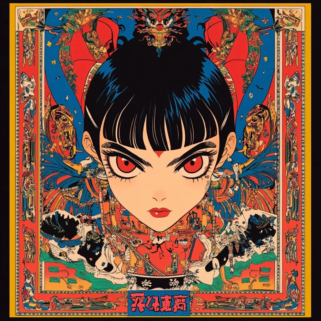 The image features a close-up portrait of a young woman with dark hair and red eyes, set against a vibrant and intricate background. Her face is framed by a red, gold, and blue border, with a dragon motif at the top. The background is a complex mix of geometric shapes, floral patterns, and mythical creatures, creating a sense of depth and movement. The image is dominated by strong colors, particularly red, gold, and blue, giving it a bold and captivating aesthetic. The overall style is reminiscent of traditional Japanese woodblock prints, with a modern twist.