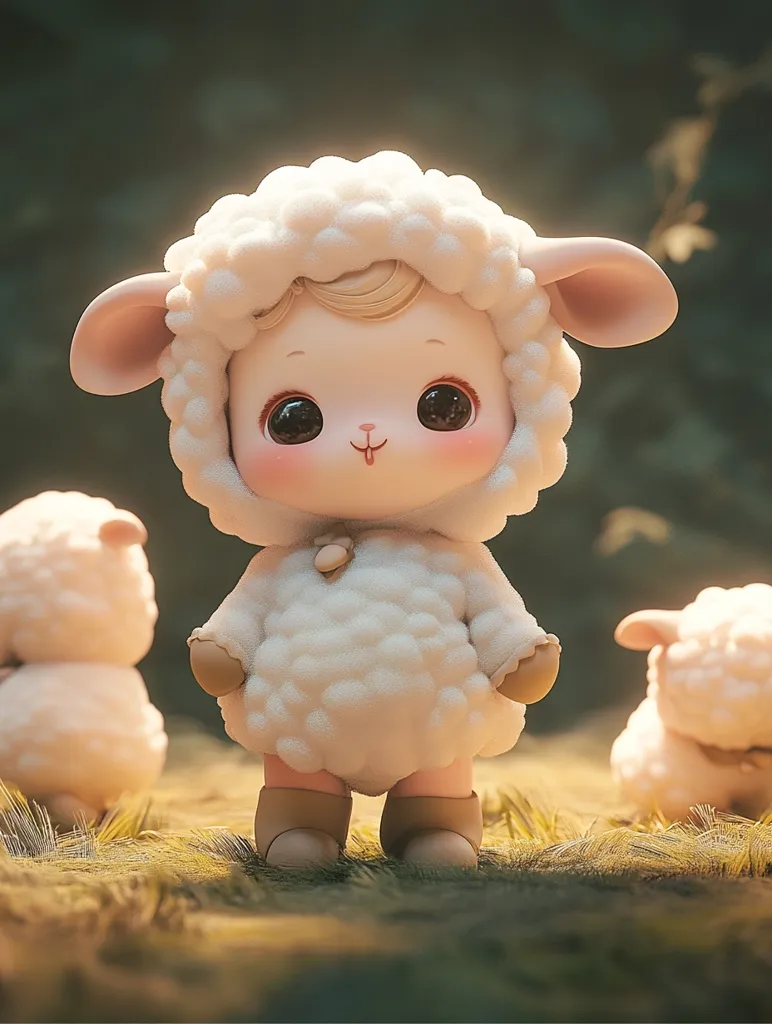 A cute, cartoon-like sheep wearing a fluffy white costume stands in a grassy field.  The sheep has large, expressive eyes, rosy cheeks, and a sweet smile. Two other sheep, one on either side, are blurred in the background.  The overall image is bright and cheerful, evoking feelings of innocence and joy.