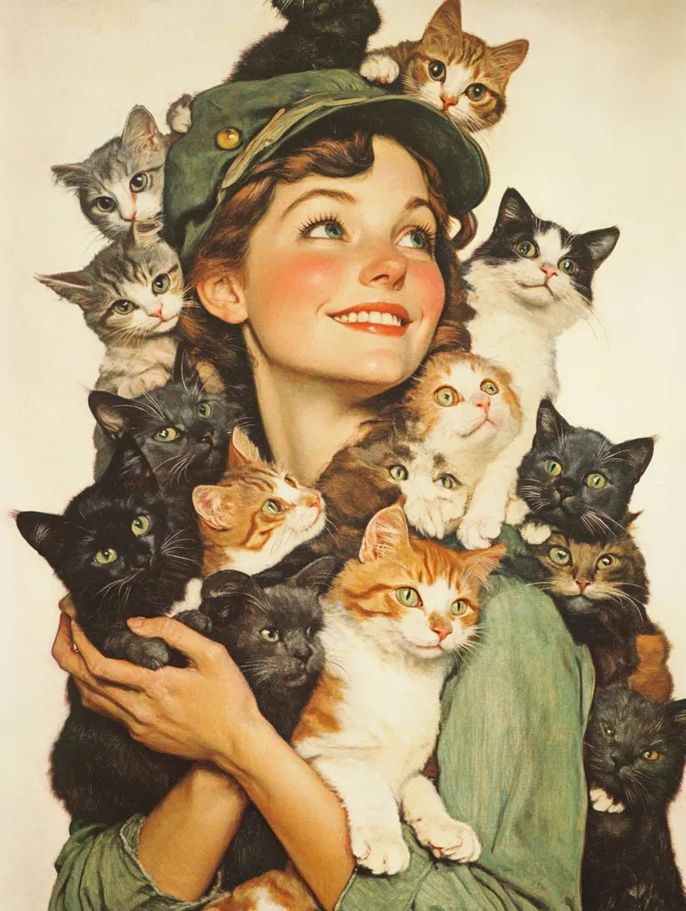 A woman with a green hat and a joyful expression is surrounded by a multitude of cats.  Some cats are perched on her head, others are snuggled in her arms, and some are nestled against her shoulders. The cats are various breeds and colors, with some being black, white, and brown. The woman is smiling broadly, clearly enjoying the company of her feline companions.  The image is full of warmth and affection.