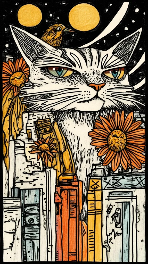 A white cat with yellow eyes stares intensely at the viewer, its head framed by two yellow moons and a small yellow bird. Two orange flowers bloom in the foreground, and stacked books and other geometric shapes form an abstract background. The image is drawn in a bold, graphic style with heavy black outlines and bright colors. The overall mood is whimsical and slightly unsettling.