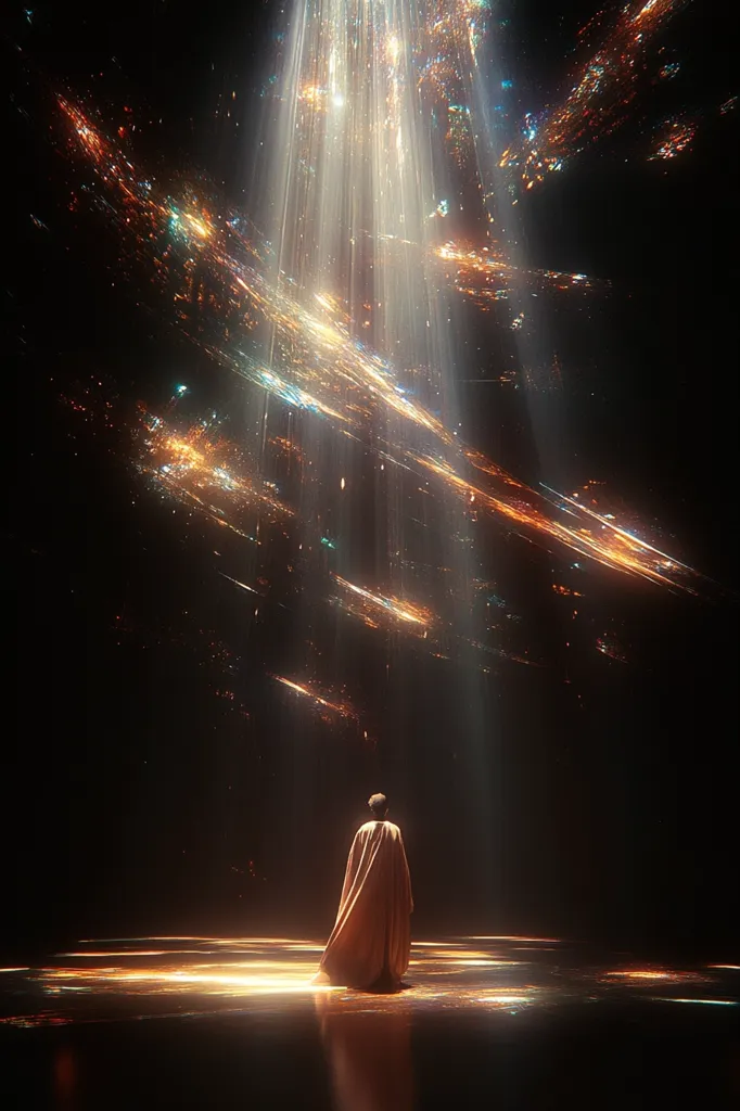 A lone figure in a flowing robe stands in a dark, otherworldly space bathed in a beam of golden light. The figure's back is turned to the viewer, their silhouette illuminated against a backdrop of shimmering particles and streaks of light. The scene evokes a sense of mystery and wonder, with the figure seemingly standing at the edge of a vast, unknown realm.  The lighting creates a dramatic contrast between the figure and the surrounding darkness, emphasizing their isolation and the unknown that lies ahead.