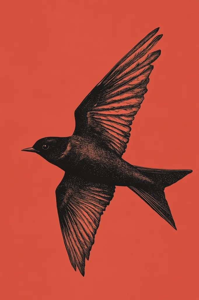 The image shows a black bird in flight against a bright orange background. The bird's wings are spread wide, and its tail feathers are fanned out. The bird's beak is pointed, and its eyes are closed. The image is drawn in a realistic style, and the details of the bird's feathers are clearly visible. The contrast between the dark bird and the bright background creates a striking visual effect.  The bird appears to be in mid-flight, suggesting freedom and movement. The image is simple yet powerful, capturing the essence of a bird in flight.