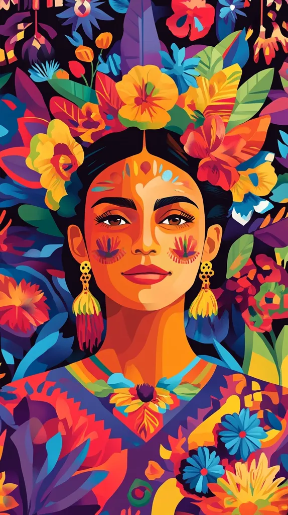 The image is a vibrant, colorful illustration of a woman with dark hair, adorned with a flower crown. Her face is painted with intricate patterns, and she wears large, ornate earrings. The background is a whirlwind of bright flowers and leaves, creating a sense of celebration and life. The overall effect is one of joyous energy and beauty.