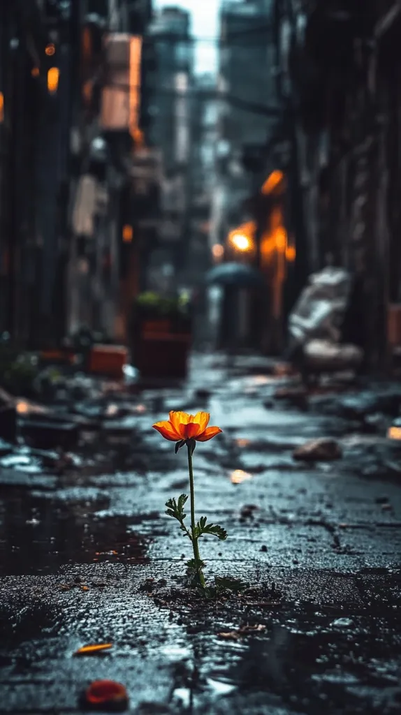 A single orange flower blooms from a crack in the pavement of a dark and narrow alley. The wet, gray ground contrasts sharply with the vibrant petals. The blurred background suggests a city setting, emphasizing the flower's resilience and the beauty of life amidst urban hardship.  The image evokes a sense of hope and perseverance, even in the most unexpected places.