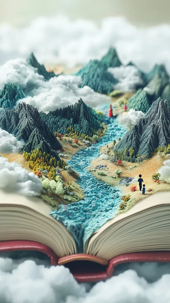 A miniature landscape, complete with mountains, a river, and trees, unfolds from the pages of an open book. The scene is bathed in soft light, and the book rests on a bed of fluffy white clouds. Two tiny figures are seen walking along the riverbank, adding a sense of scale to the miniature world. The image evokes a sense of wonder and imagination, as if the book has brought the landscape to life.