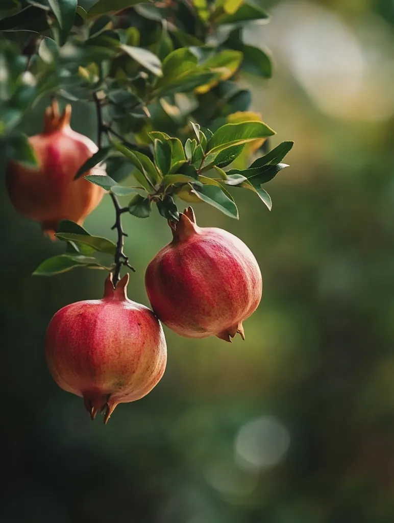 Three ripe pomegranates hang from a branch of a pomegranate tree. The pomegranates are a deep red color and have a smooth, shiny skin. The leaves of the tree are a vibrant green, and the background is a blurry green, creating a sense of depth and focus on the fruit. The image captures the beauty and freshness of these juicy fruits.