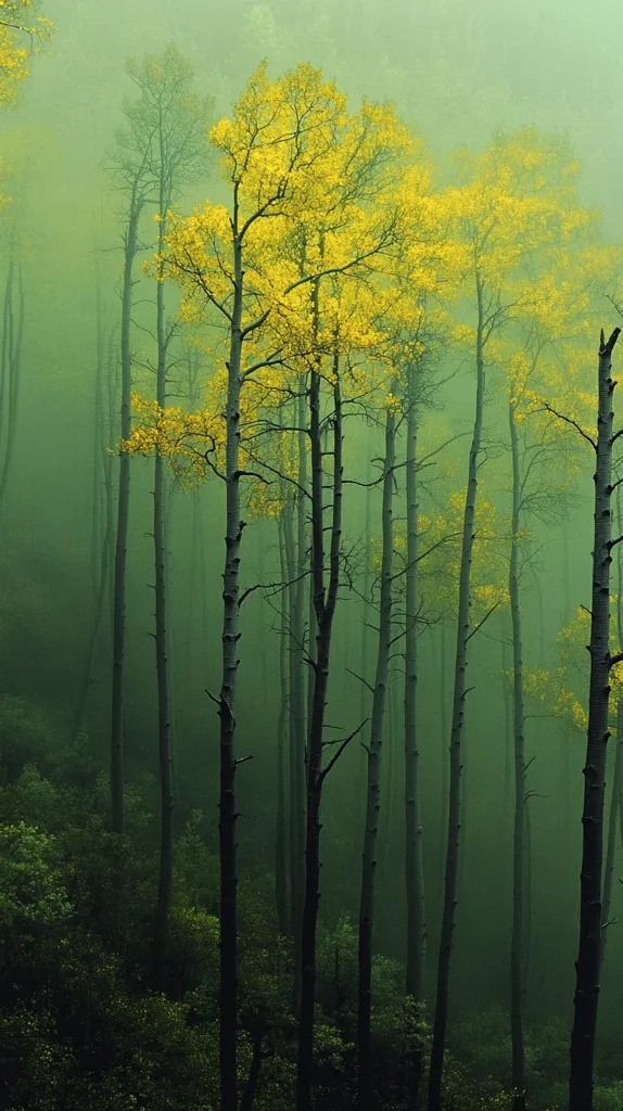 The image shows a dense forest with tall, slender trees. The trees are mostly bare, but a few have bright yellow leaves. The forest is shrouded in a thick fog, creating a mysterious and atmospheric scene. The light is soft and diffused, making the colors muted and dreamy. The image evokes a sense of peace and tranquility.  The trees are mostly bare, but a few have bright yellow leaves, making them stand out against the green background. The fog adds to the overall sense of mystery and intrigue.