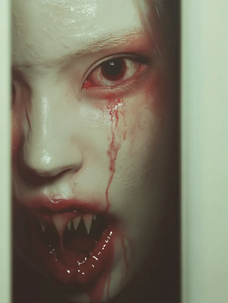 The image shows a close-up of a person's face, partially obscured by a white wall. The person's eye is wide open and their face is covered in blood, dripping down their cheek. They are baring their teeth, which appear to be abnormally long and sharp. The image is unsettling and suggests danger or violence.