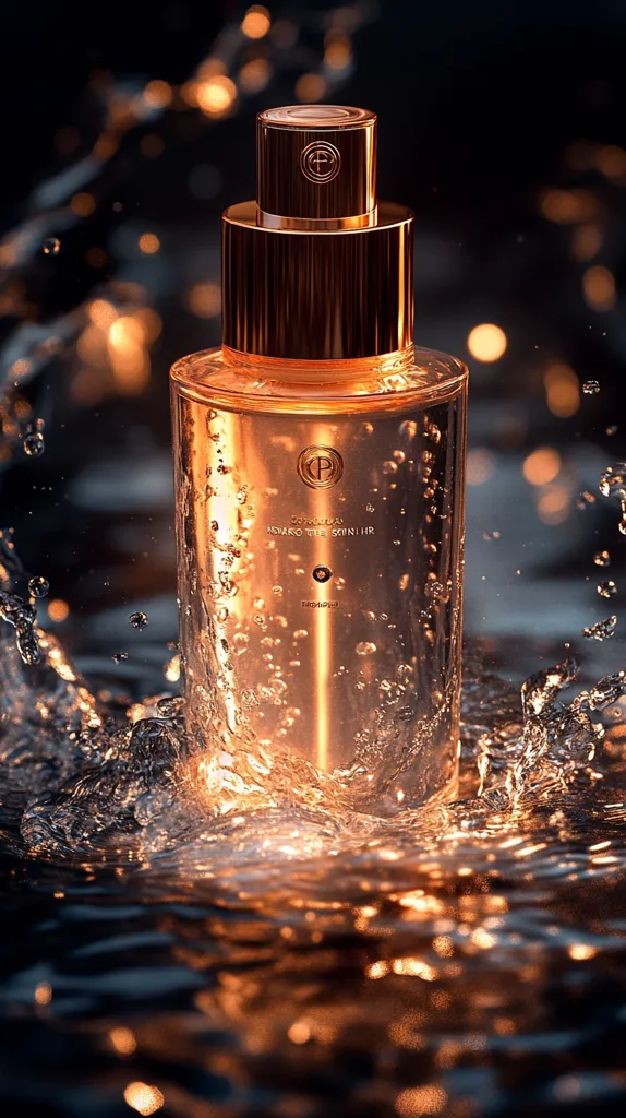 The image shows a bottle of perfume with a gold cap and label. The bottle is partially submerged in water, and the water is splashing around it. The light is reflecting off the water and the bottle, creating a beautiful and luxurious effect. The background is blurred and out of focus, which helps to draw attention to the bottle. The image suggests a sense of elegance and sophistication.