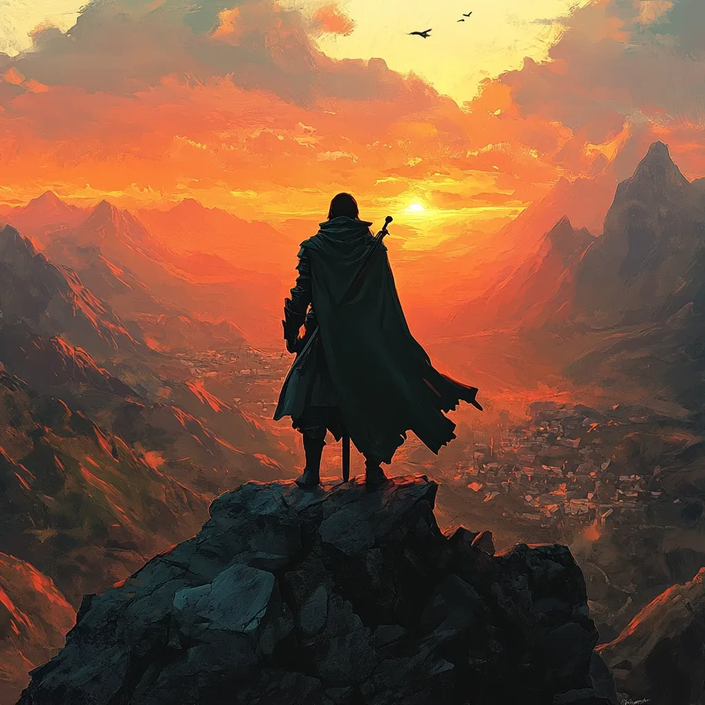 A lone figure, silhouetted against a fiery sunset, stands atop a rocky crag. They gaze out over a vast, rugged landscape, a small town nestled in the distance. The sky is awash in vibrant orange hues, as the sun dips below the horizon. The scene evokes a sense of solitude, perhaps a moment of contemplation or a decision made. The figure's journey may be just beginning or coming to an end, leaving the viewer to imagine their story.