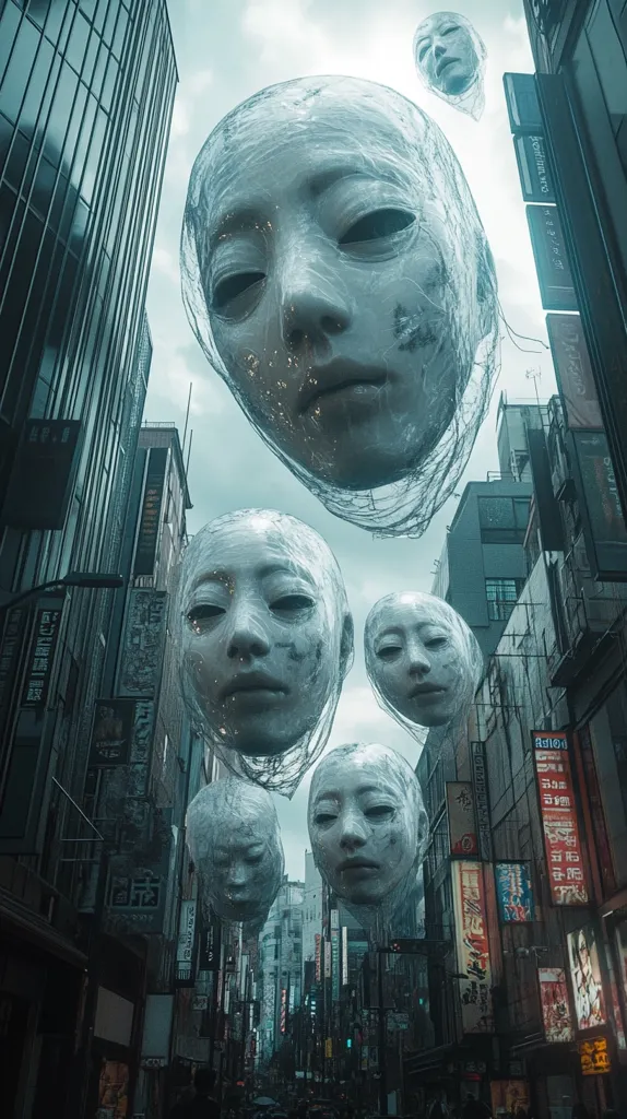 A dystopian cityscape is dominated by large, floating faces. The faces are pale and featureless, their eyes hollow and vacant. The buildings are tall and narrow, with a dark, industrial feel. The atmosphere is oppressive and unsettling.