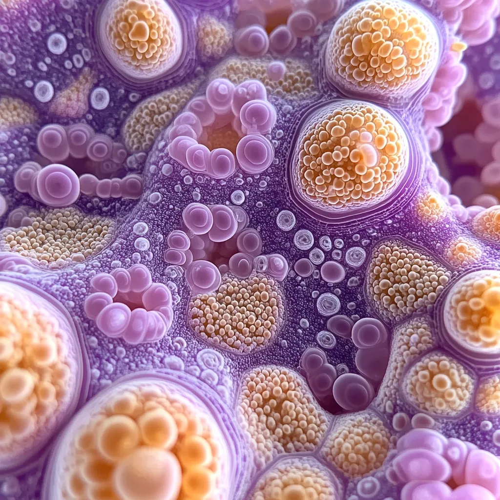 The image shows a close-up of a textured surface with a variety of shapes and colors. It appears to be a natural material, perhaps a mineral or a rock. The surface is covered in a pattern of small, round bubbles, some of which are filled with a light orange color. These bubbles are surrounded by a purple-colored matrix, giving the image a striking contrast. The light, airy texture of the bubbles creates a sense of depth and complexity.