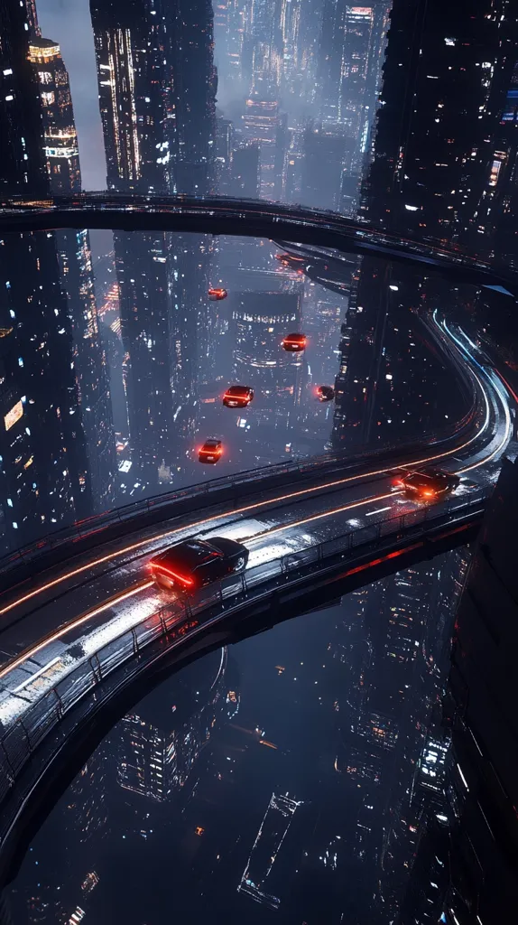 The image is a futuristic cityscape with tall buildings and a curved roadway. The road is lit with glowing lines, and there are multiple cars driving on the road. The city appears to be at night, and the sky is dark with some clouds. The view is from above the city, looking down on the curved roadway. The image is set in a science fiction setting with advanced technology.