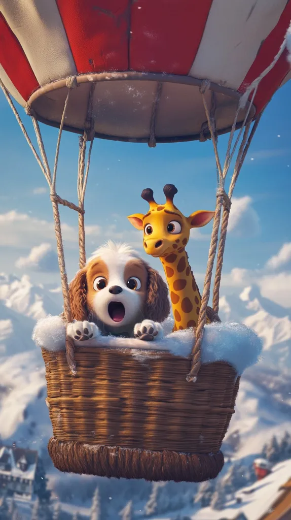 A cartoon dog and giraffe are riding in a hot air balloon basket. The dog has a surprised expression on its face and the giraffe has a happy expression on its face. The balloon is red and white with a wicker basket. The background is a snowy landscape.  The hot air balloon is floating in the air above a snowy landscape. The image is likely from an animated film.