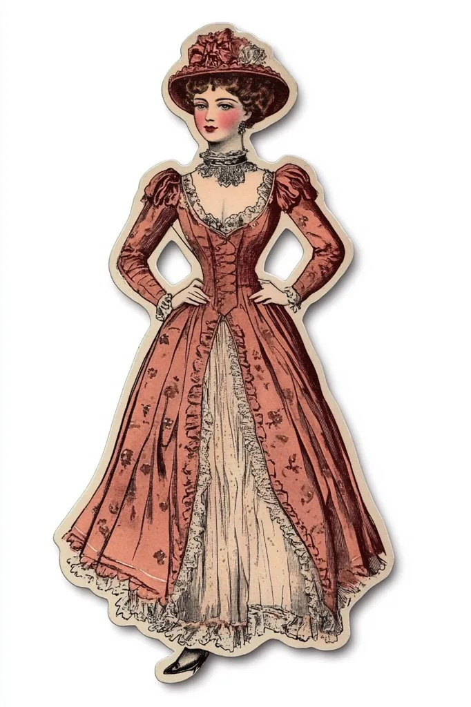 A woman in a long, pink, floral dress with a lace trim and a fitted bodice. She wears a large, floppy hat with a red ribbon and has dark hair pulled back. She is standing with her hands on her hips and looking straight ahead. The image is drawn in an old-fashioned style with detailed lines and shading.