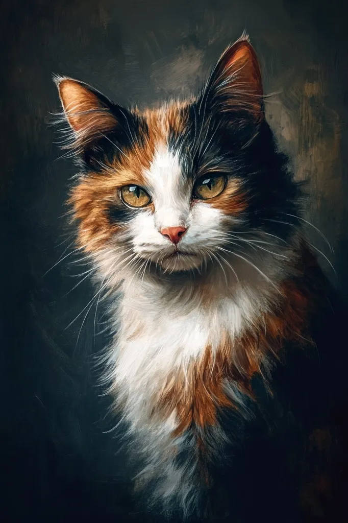 The image is a close-up portrait of a calico cat.  The cat has a white face with black markings around its eyes and a black patch on its nose.  It has orange and black fur on its body.  The cat's eyes are a warm amber color, and its fur is soft and fluffy.  The background is dark and blurry, highlighting the cat's features.