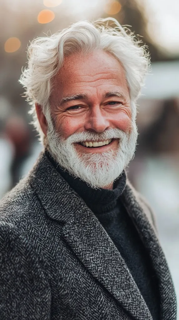 A smiling older man with white hair and a white beard is wearing a gray herringbone coat. His warm smile radiates happiness and kindness. The background is out of focus, highlighting the man's friendly demeanor. His eyes sparkle, suggesting a life filled with joy.